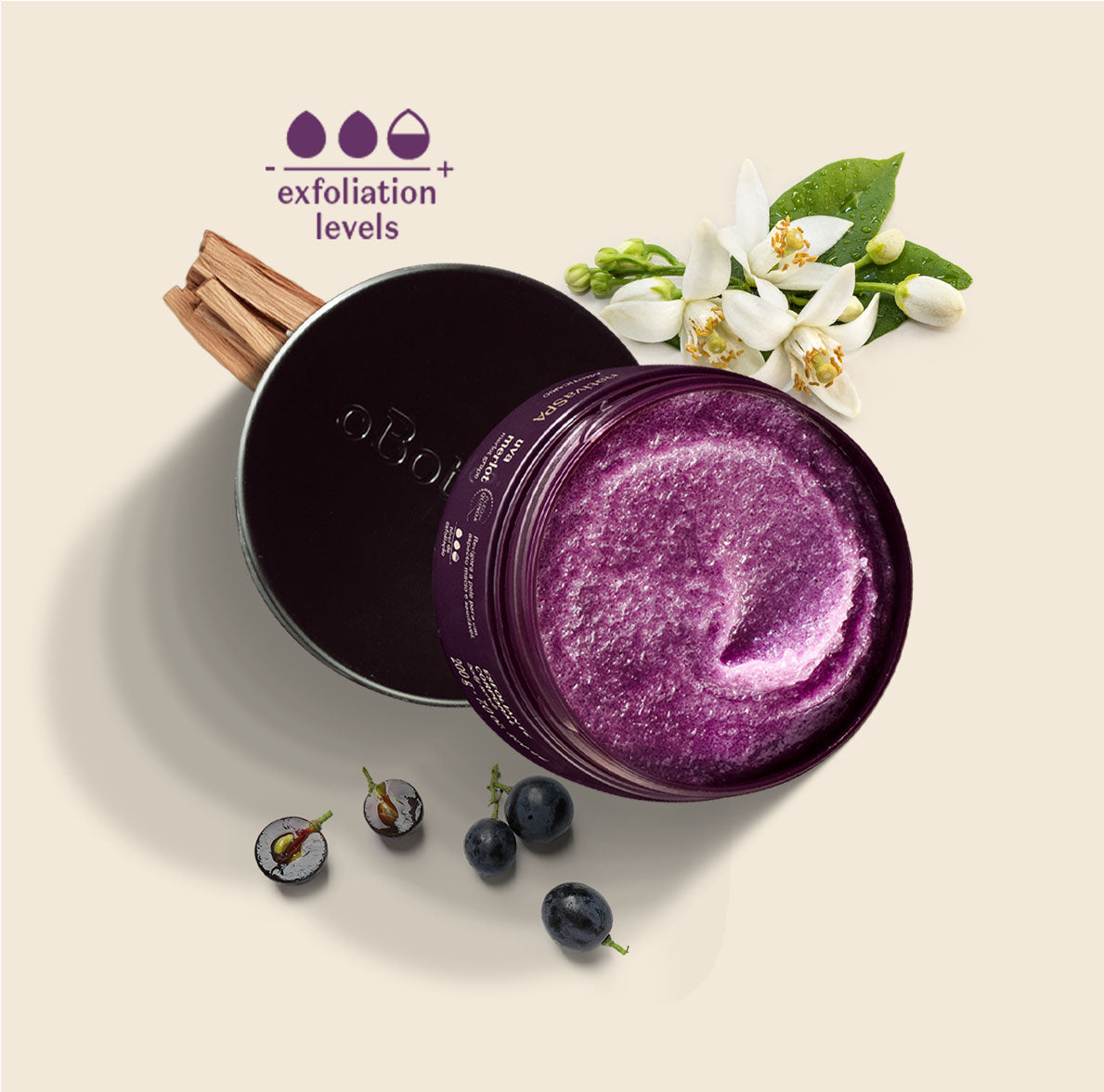 Purple exfoliating scrub in a black container with botanical elements on a beige background