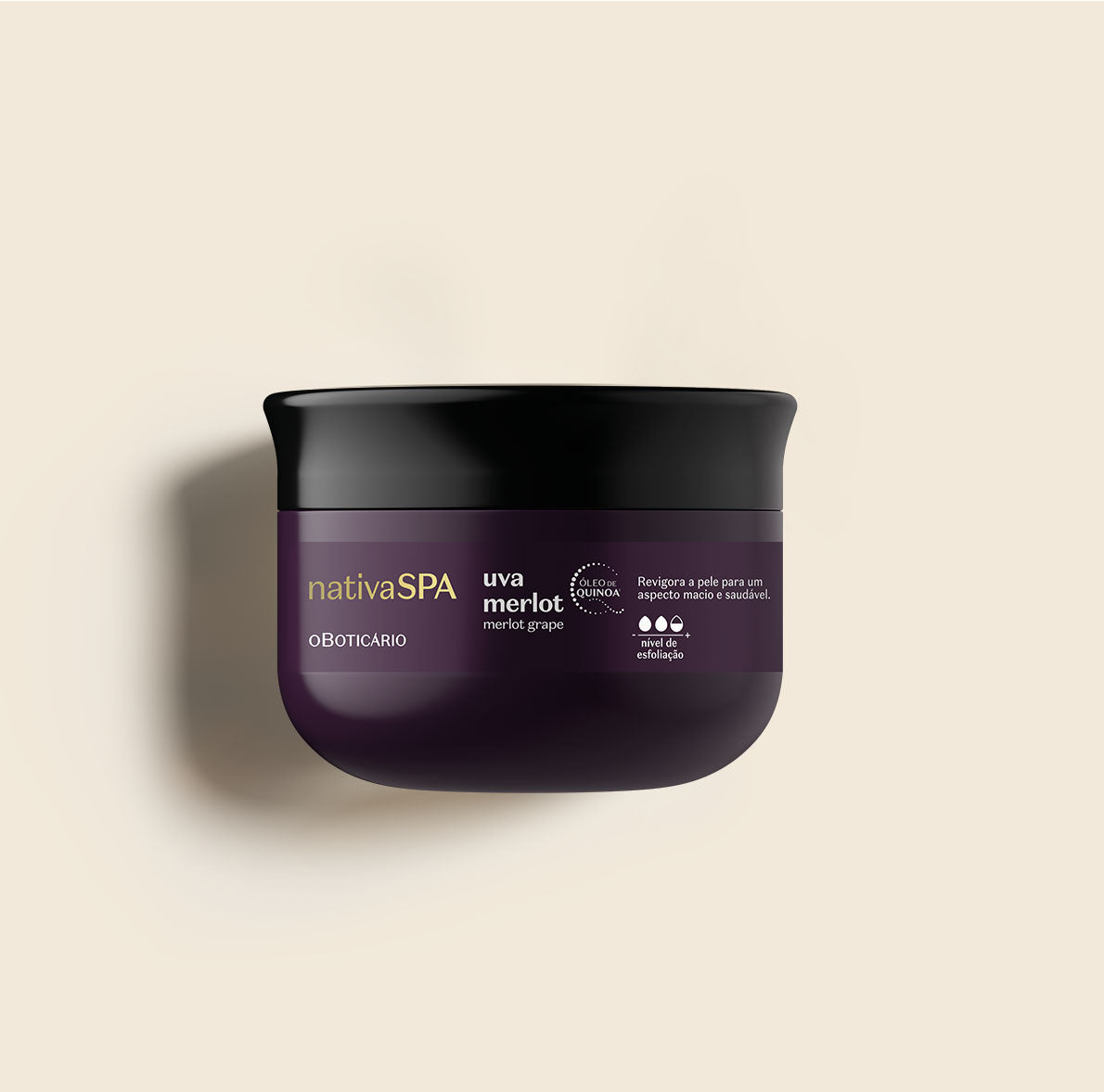 Scrub purple bottle with beige background